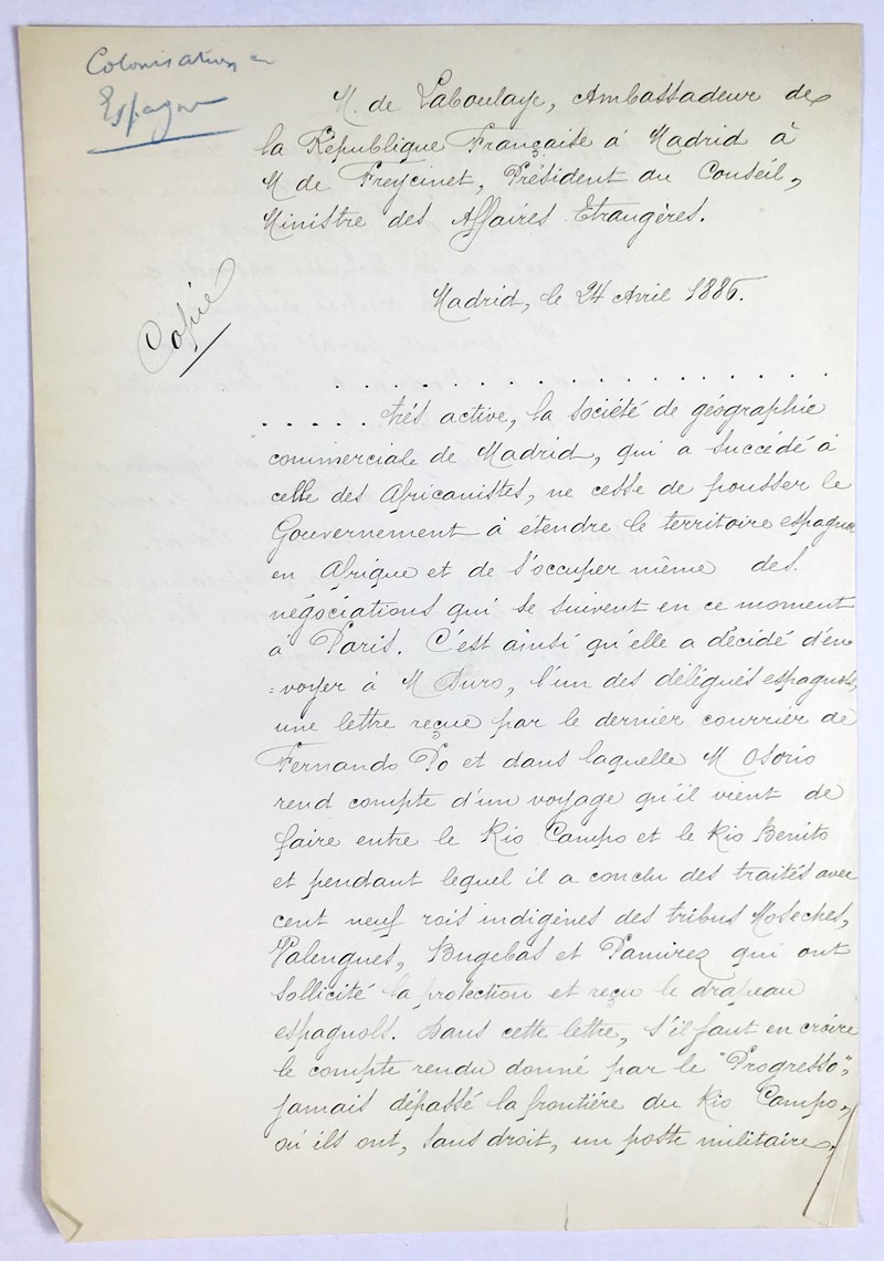 Spanish colony in Africa. LEFEBVRE de LABOULAYE. Copia di una Lettera autografa  [..]
