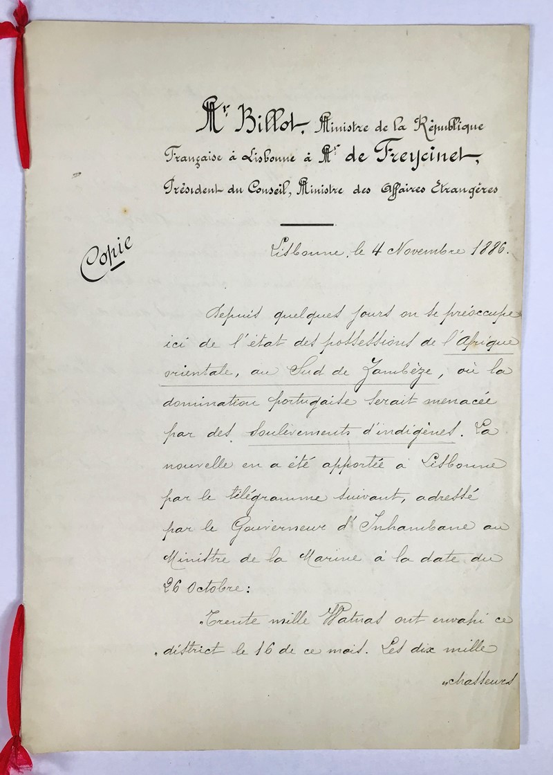 Rebellion in Portugal Mozambique. Mr. Billot, Ministre de la Republique Francaise  [..]