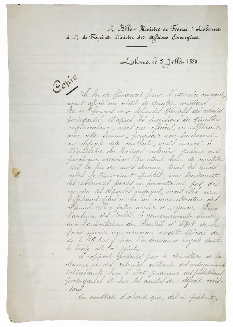Portuguese colonies in Africa and India. BILLOT. M. Billot, Ministre de la Republique  [..]