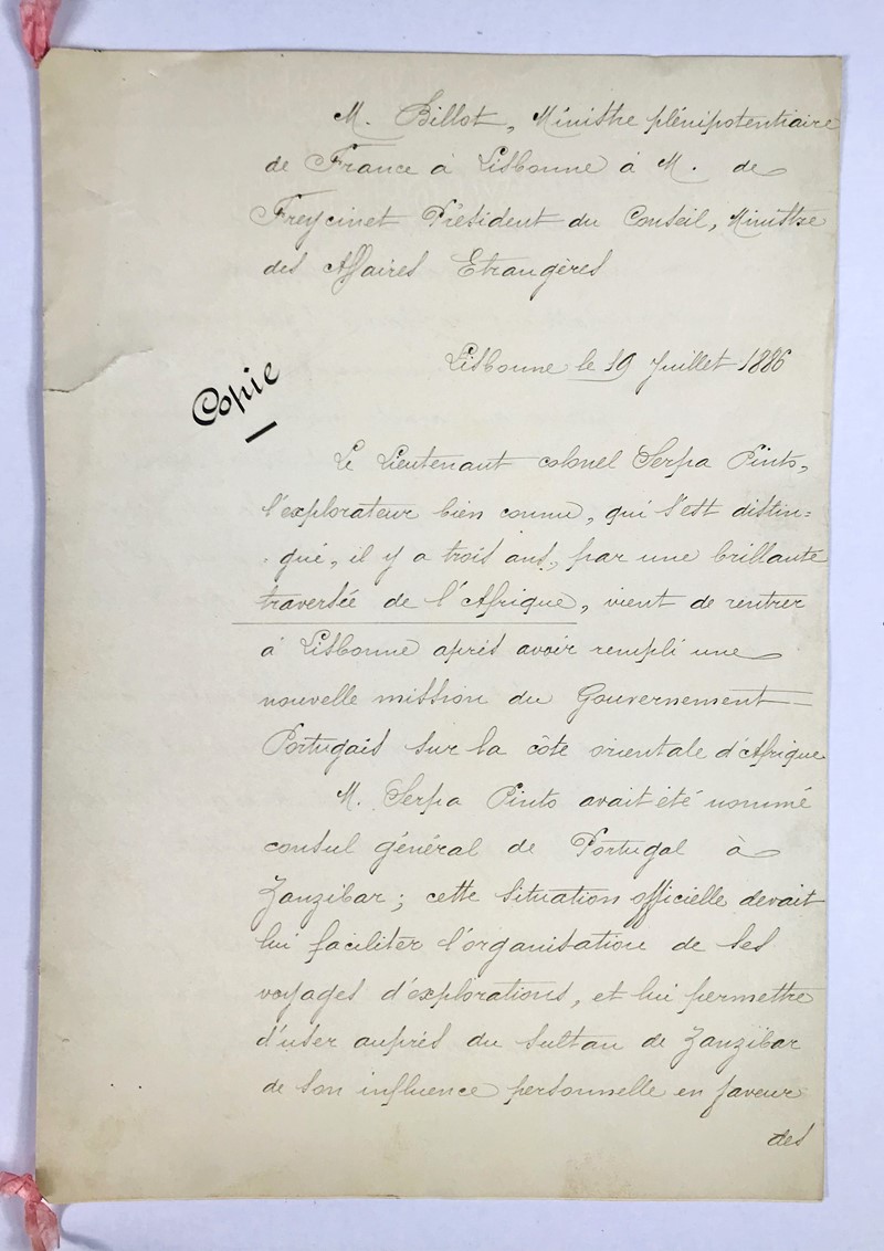 Exploration of Africa. BILLOT. M. Billot, Ministre de la Republique Francaise a  [..]