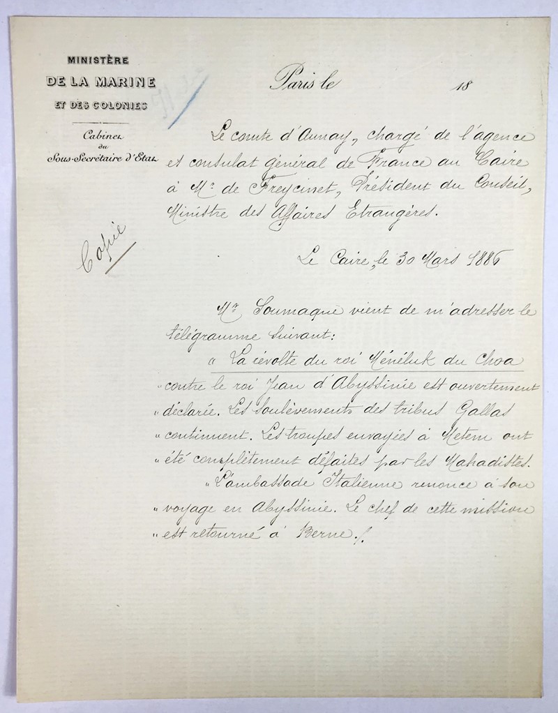 LE PELETIER, comte d&#39;AUNAY. Ethiopia War between Menelik II and Yohannes  [..]