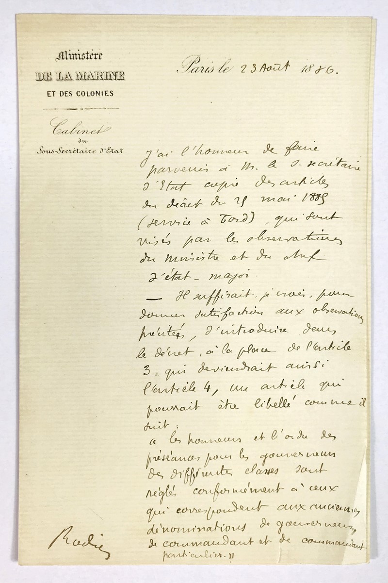 Colonial Administration. Two handwritten pages signed on letterheaded paper “Ministere  [..]