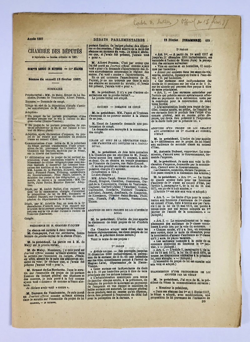 Submarine telegraph cable - Antilles, Guyana. FLOQUET - BIZARELLI. Chambre des Deputes.  [..]