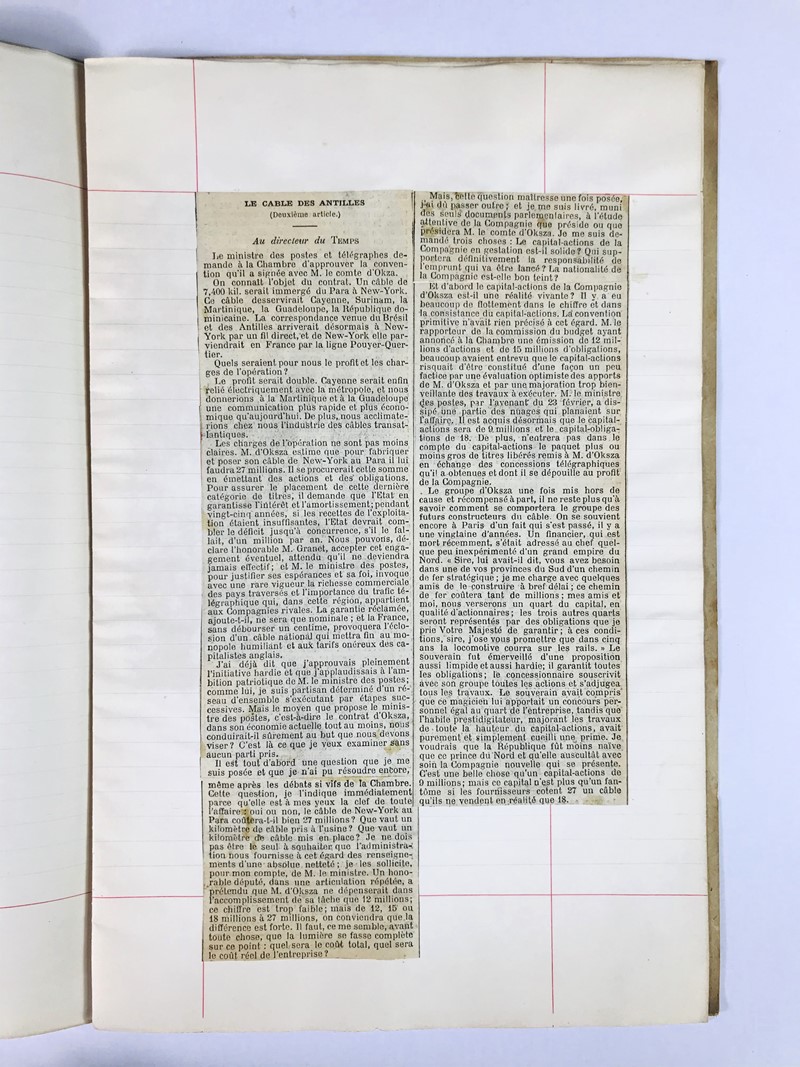 Submarine telegraph cable – Antilles. LEVEILLE. Two articles for the newspaper  [..]