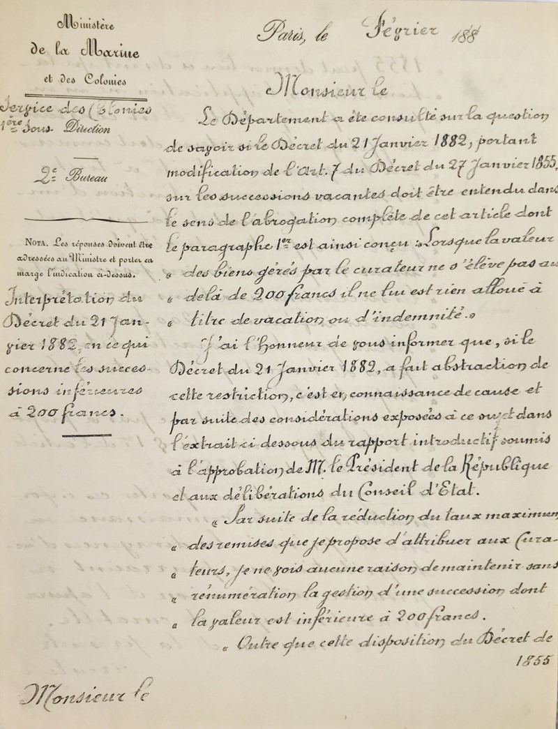 Martinique, Guadeloupe, Reunion. FAURE. Decret... sur la curatelle aux successions  [..]