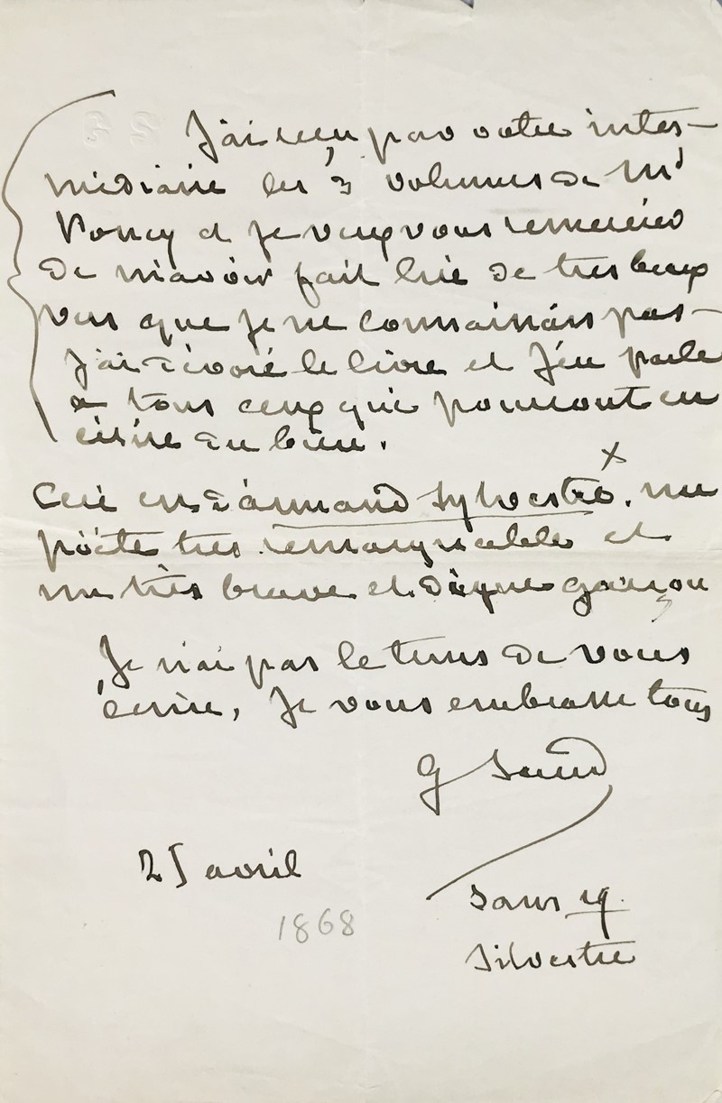SAND. Signed autograph letter talks about the poet Louis-Charles Poncy.  - Auction  [..]