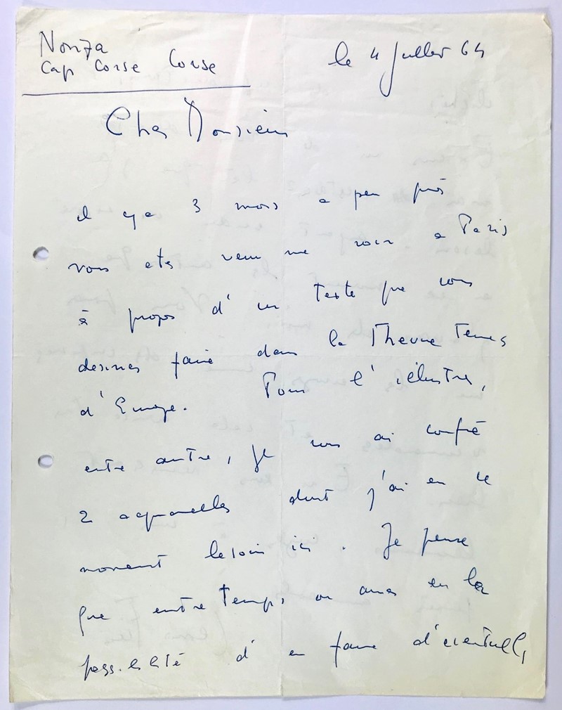 FINI. Signed autograph letter from Corsica, addressed to Jean-Robert Delahaut.   [..]