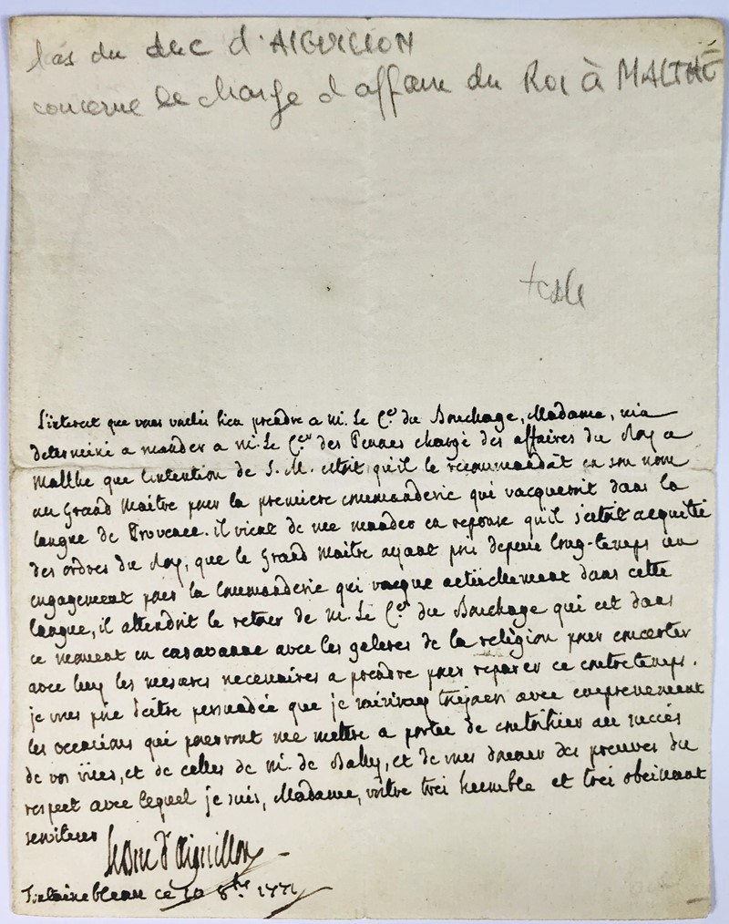 Order of Malta. DE VIGNEROT DU PLESSIS, duke of Aiguillon. Letter of recommendation  [..]