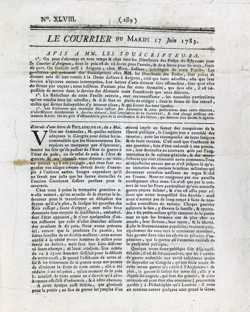 American Revolutionary War. Le Courrier du Mardi 17 Juin 1783.  - Auction RARE BOOKS,  [..]