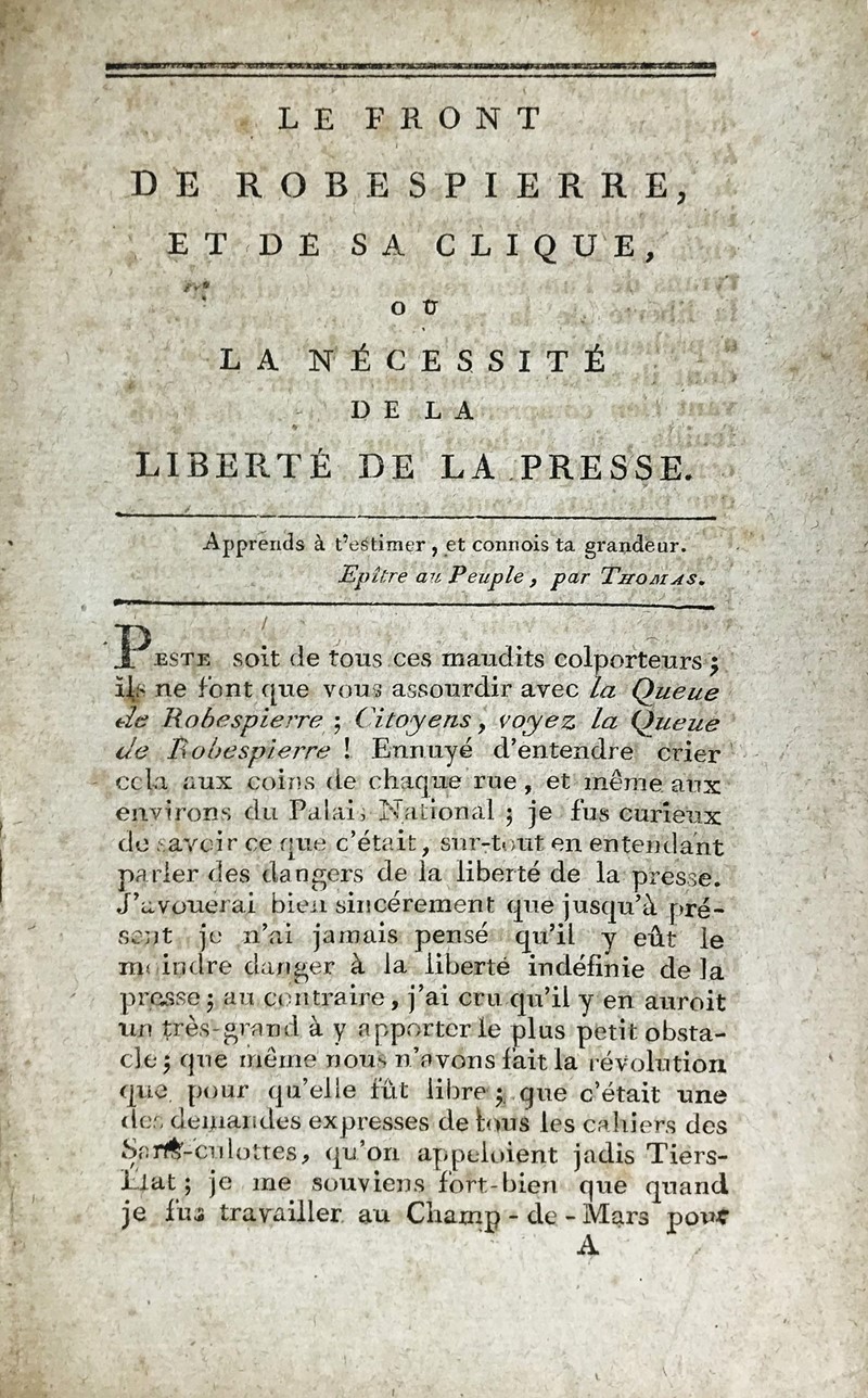 Robespierre and Freedom of the press. Baraly. Le Front de Robespierre et de sa Clique,  [..]
