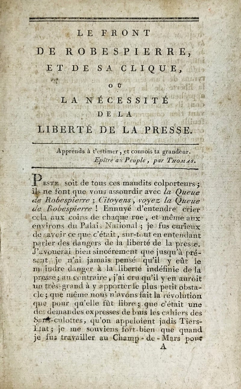 Robespierre and Freedom of the press. Baraly. Le Front de Robespierre et de...