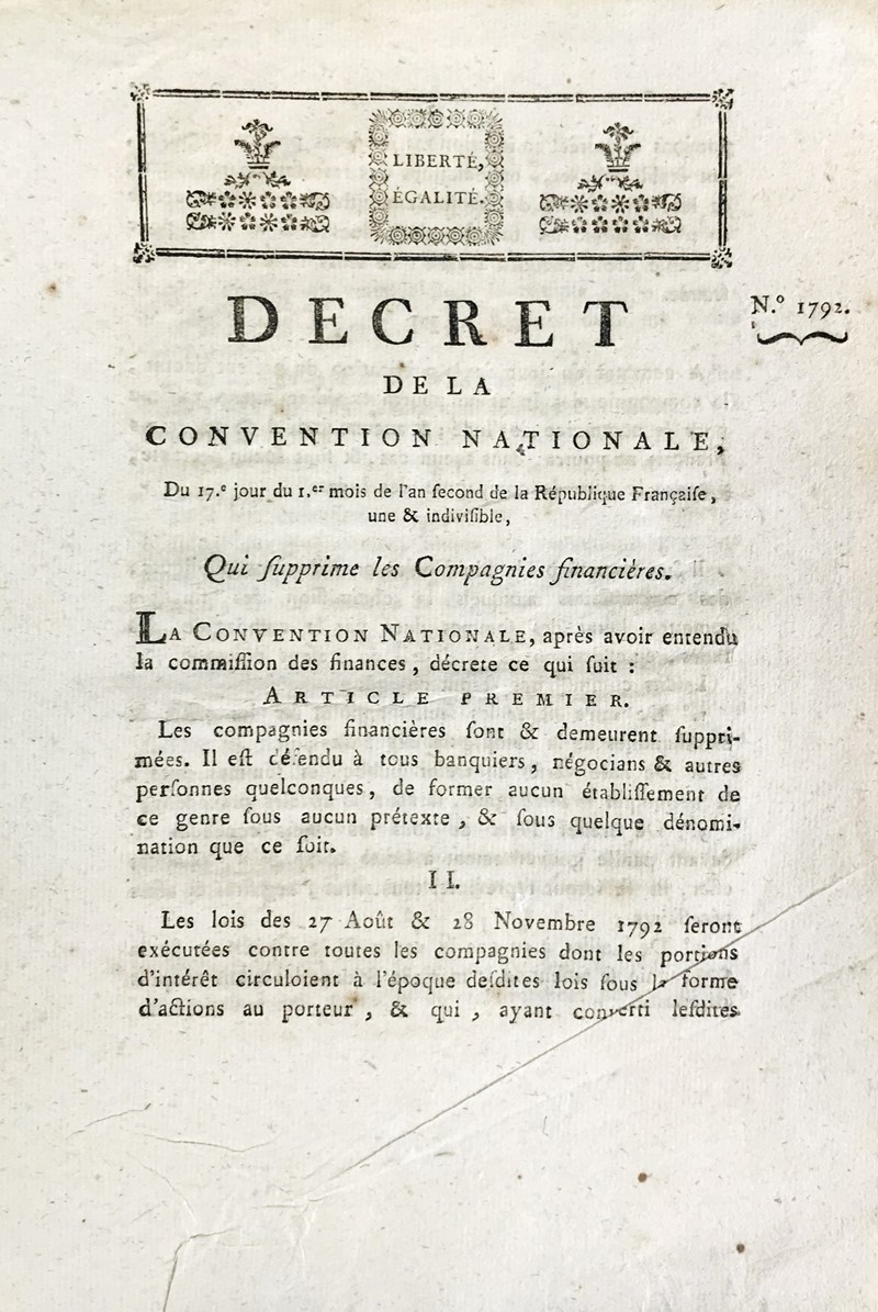 French East India Company. Decret de la Convention Nationale qui supprime les Compagnies  [..]