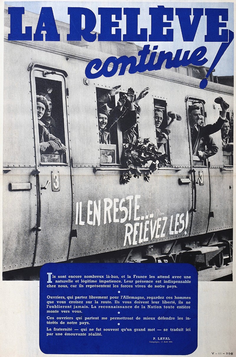 Propaganda Poster on work in Germany during World War II. LAVAL. La Relève  [..]
