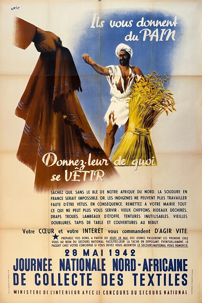 WWII. Vichy Poster. ERIC. Journée Nationale Nord-Africaine de Collecte  [..]