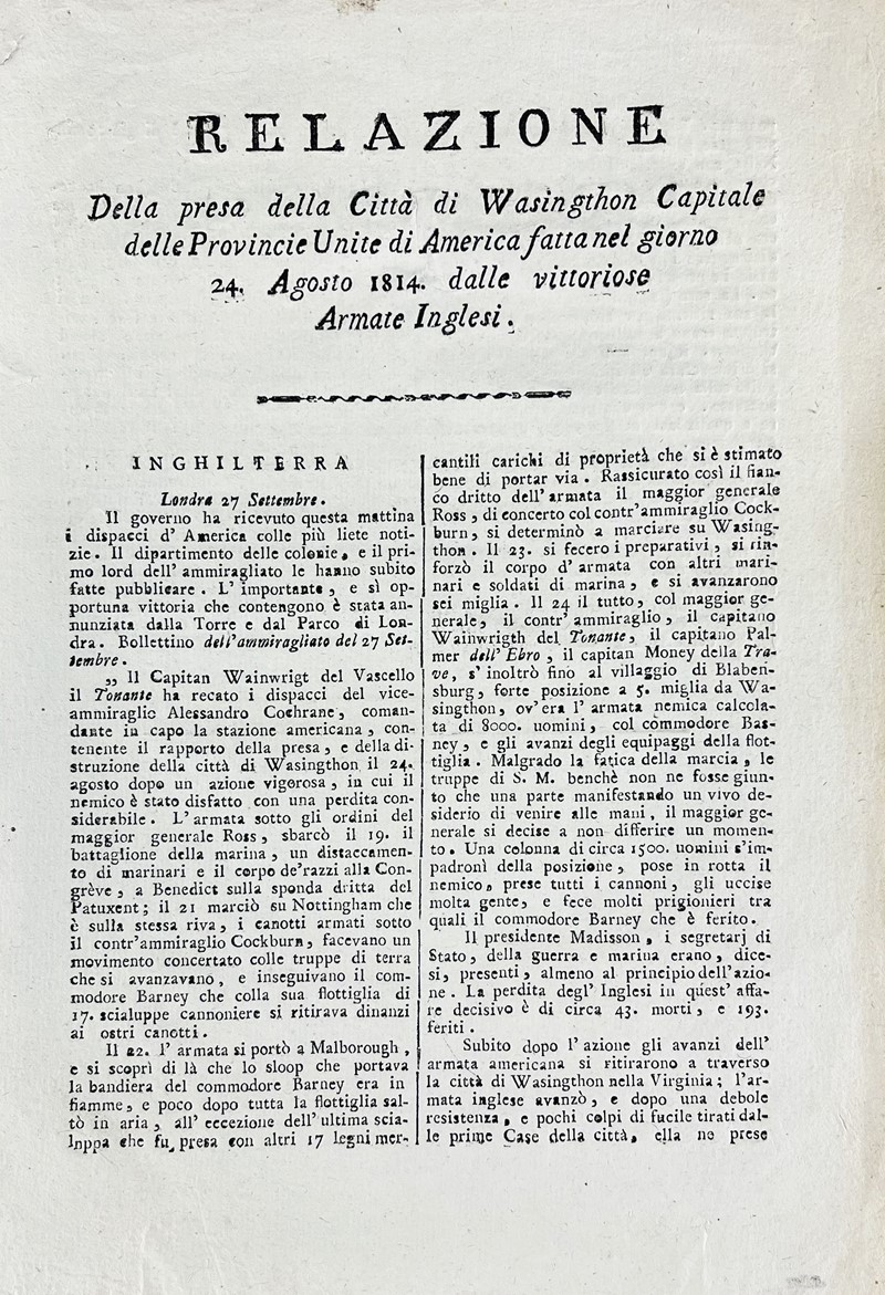 United States vs England. Relazione Della presa della Citt&#224; di Washington  [..]