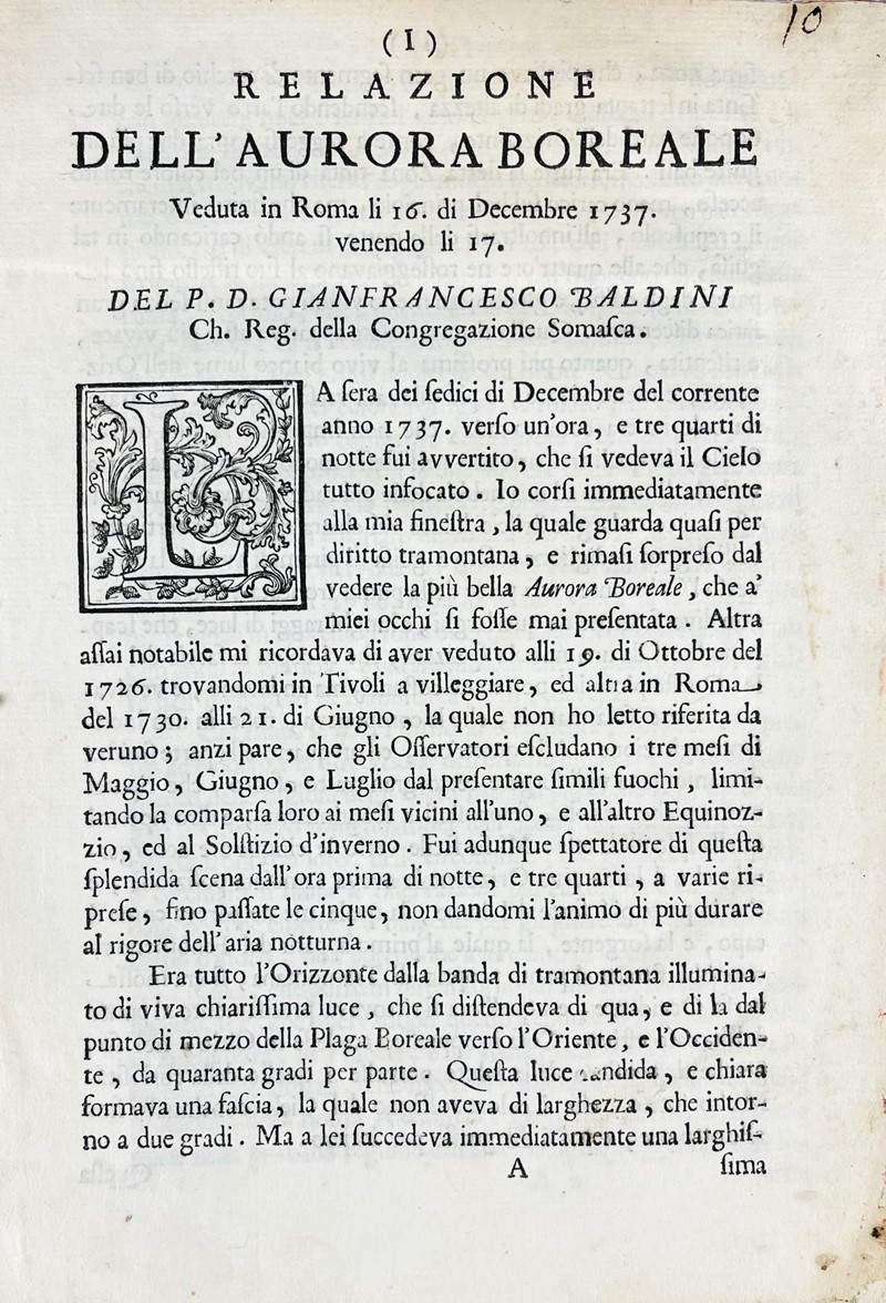 Northern Lights in Rome. BALDINI. Relazione dell’Aurora Boreale veduta in  [..]