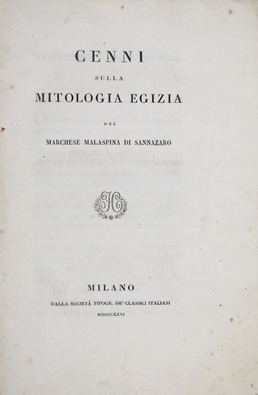 Egypt. MALASPINA DI SANNAZARO. Cenni sulla mitologia Egizia.  (1826)  - Auction  [..]